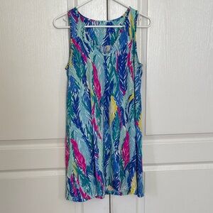 Lilly Pulitzer Sleeveless Feather-Print Shift Dress in Blue, Pink & Yellow